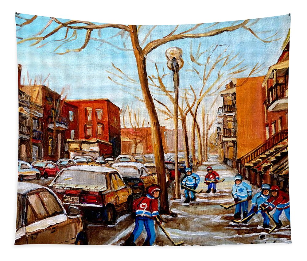 Hockey Tapestry featuring the painting Hockey On St Urbain Street by Carole Spandau