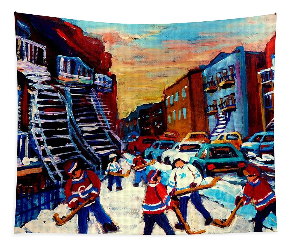 Montreal Tapestry featuring the painting Hockey Paintings Of Montreal St Urbain Street City Scenes by Carole Spandau