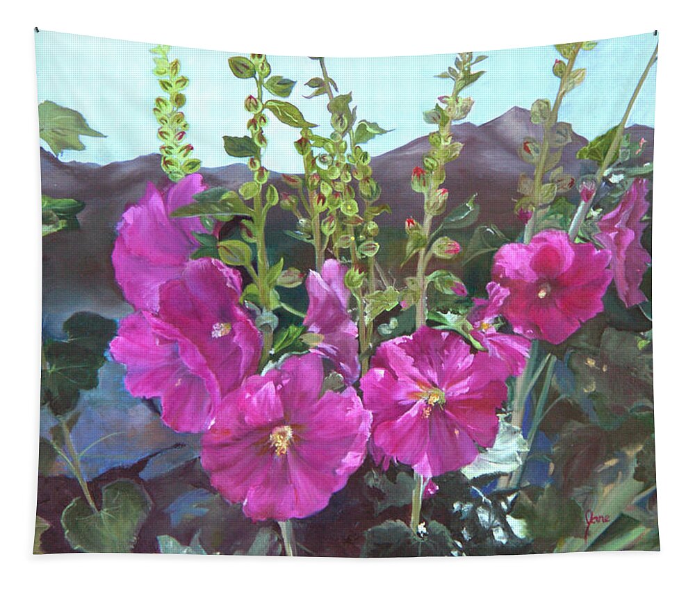 Hollyhocks Tapestry featuring the painting Hollyhock Necklace by Nila Jane Autry