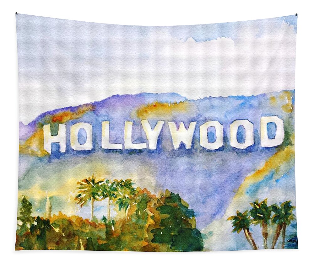 Hollywood Sign Tapestry featuring the painting Hollywood Sign California by Carlin Blahnik CarlinArtWatercolor