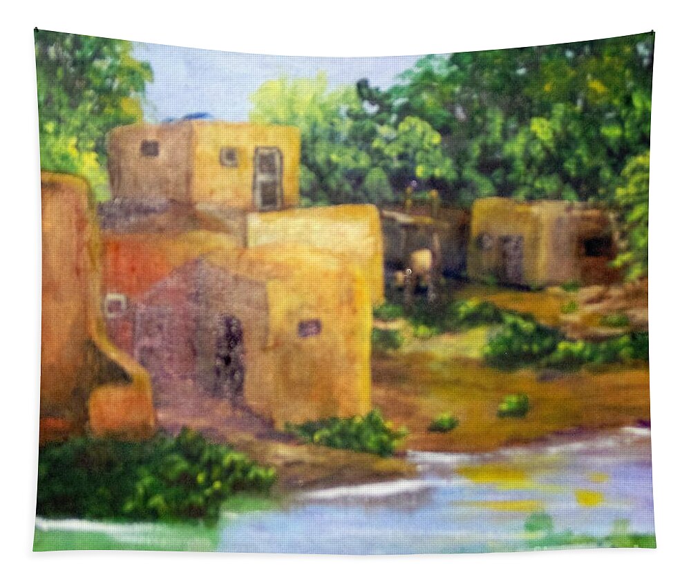 Pueblo Tapestry featuring the painting Hometown by Saundra Johnson