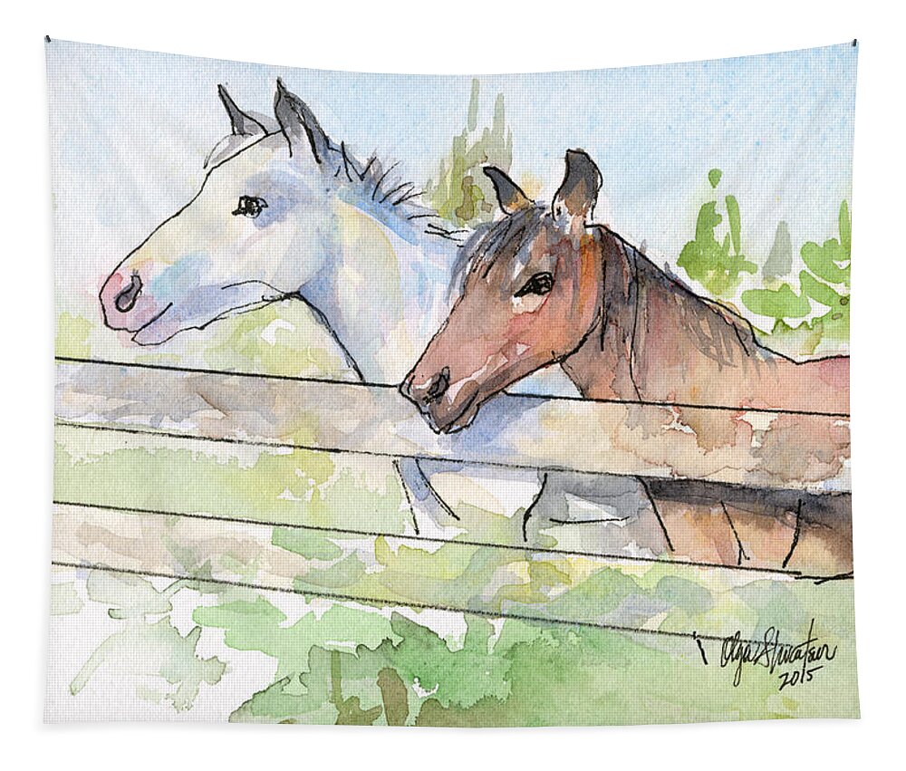 Watercolor Tapestry featuring the painting Horses Watercolor Sketch by Olga Shvartsur