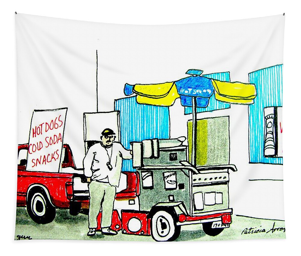 Asbury Art Tapestry featuring the drawing Hot Dog Guy of Asbury Park by Patricia Arroyo