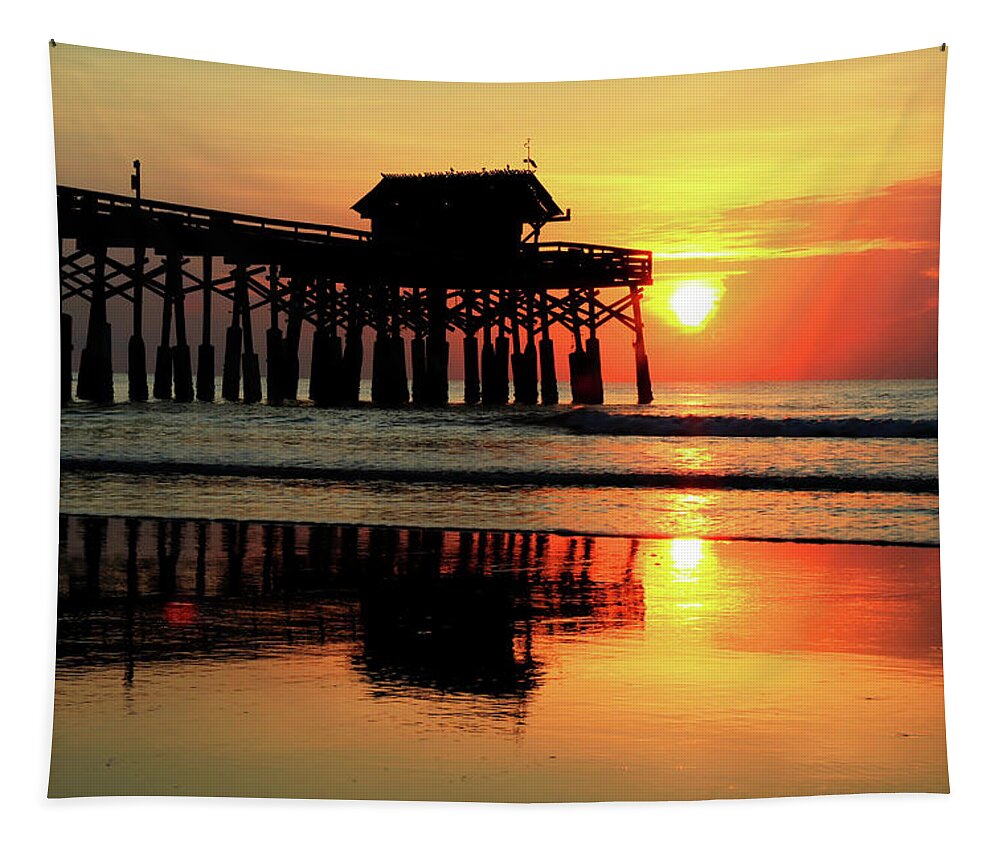 Cocoa Beach Pier Tapestry featuring the photograph Hot Sunrise Over Cocoa Beach Pier by Carol Montoya