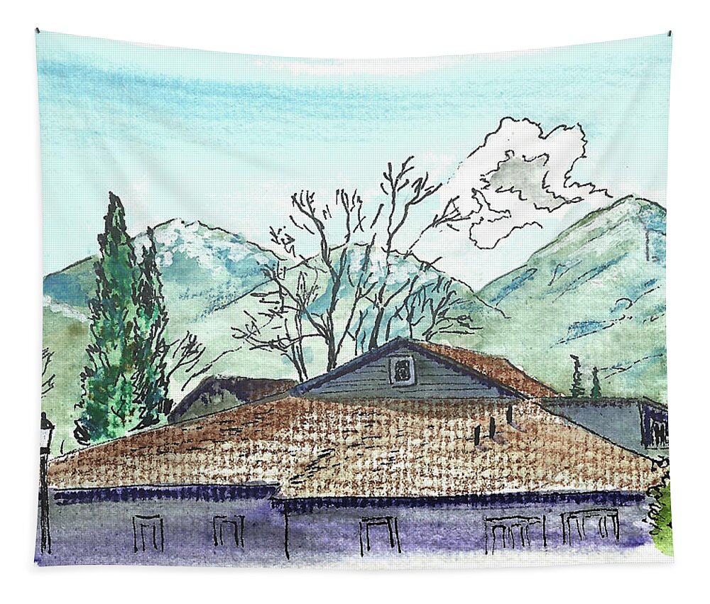 Landscape Tapestry featuring the painting House in the Mountains by Masha Batkova