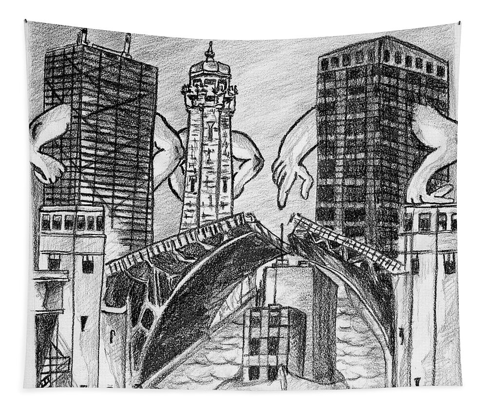 Humor Tapestry featuring the drawing Humor Chicago Landmarks by Michelle Gilmore