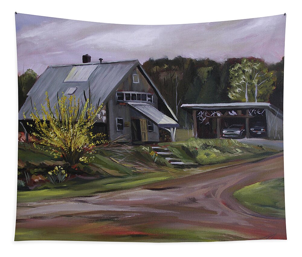 Spring Tapestry featuring the painting Humpals Barn by Nancy Griswold