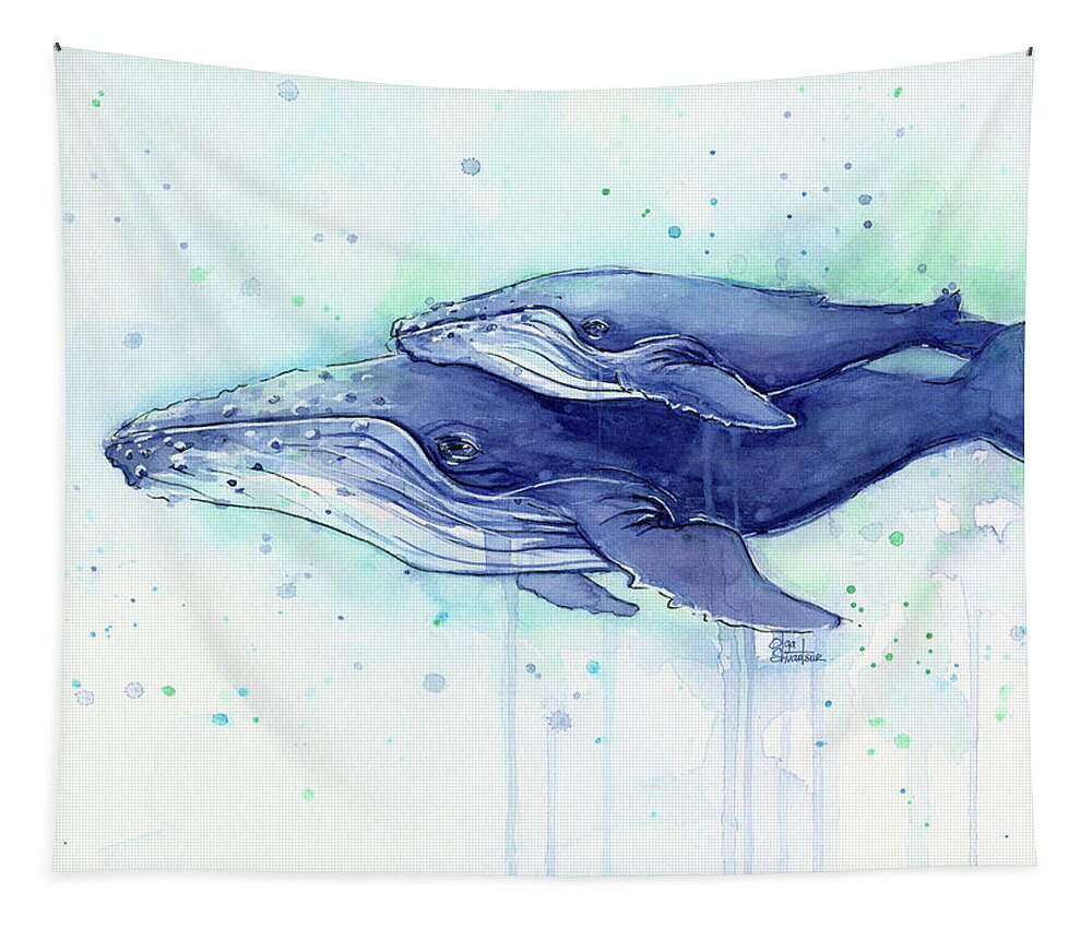 Whale Tapestry featuring the painting Humpback Whale Mom and Baby Watercolor by Olga Shvartsur