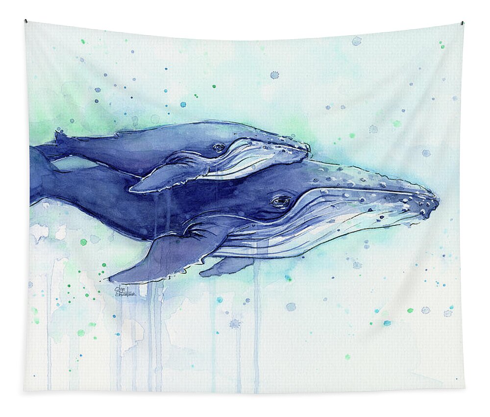 Whale Tapestry featuring the painting Humpback Whales Mom and Baby Watercolor Painting - Facing Right by Olga Shvartsur