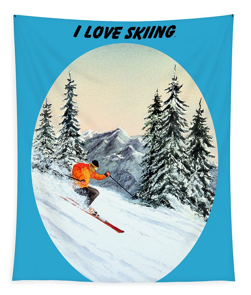 I Love Skiing Tapestry featuring the painting I Love Skiing by Bill Holkham