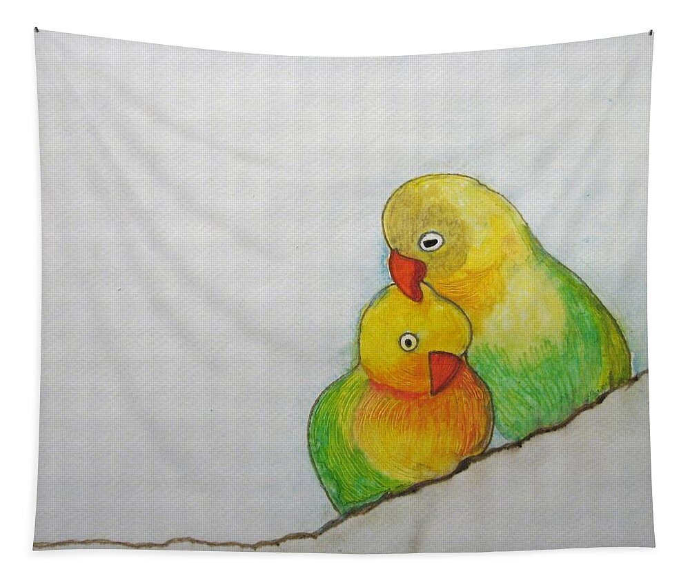 Parakeet Tapestry featuring the painting I Love You by Patricia Arroyo