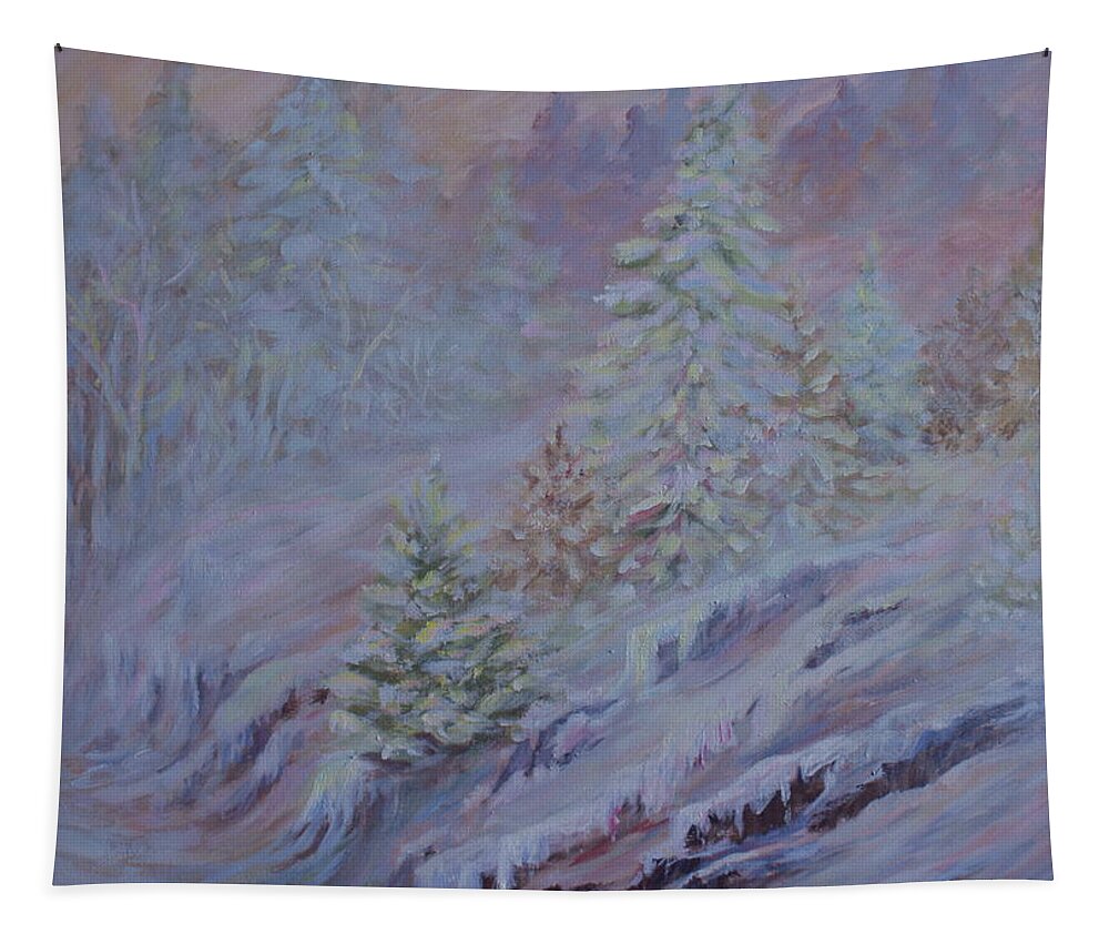 Ice Fog In Northern Landscape Tapestry featuring the painting Ice Fog in the Forest by Jo Smoley