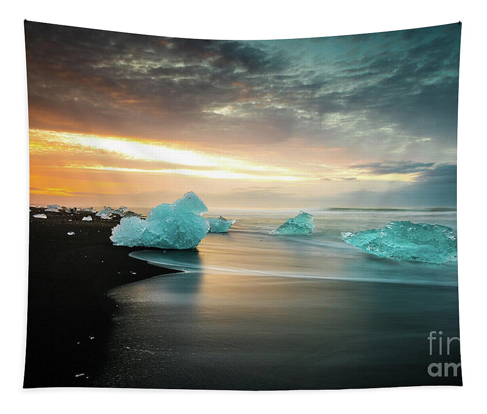 Jokulsarlon Tapestry featuring the photograph Iceland Sunrise Glacial Beach Ice by Mike Reid