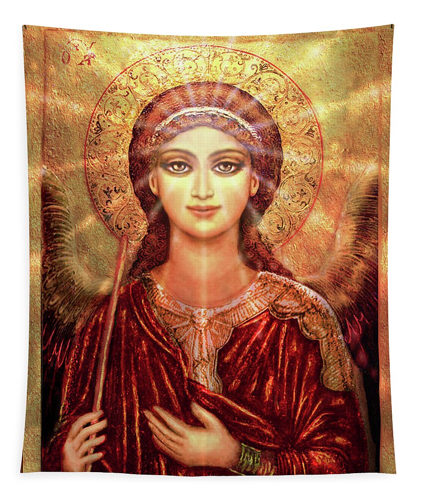 Christian Icons Print Tapestry featuring the mixed media Icon Angel in Red with Light by Ananda Vdovic