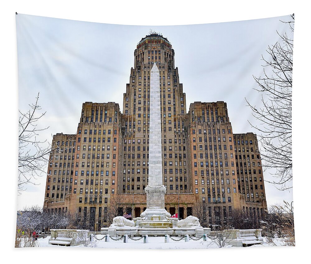 Art Deco Tapestry featuring the photograph Iconic Buffalo City Hall in Winter by Nicole Lloyd