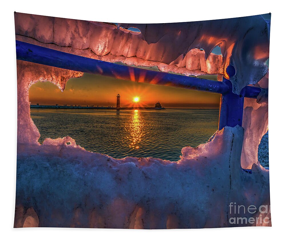 Grand Haven Tapestry featuring the photograph Icy Sunset at Grand Haven by Nick Zelinsky Jr