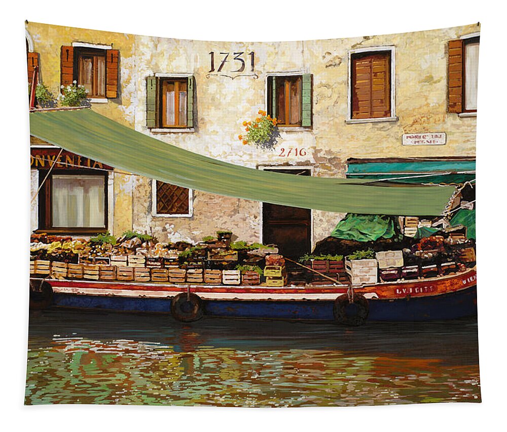  Venice Tapestry featuring the painting il mercato galleggiante a Venezia by Guido Borelli
