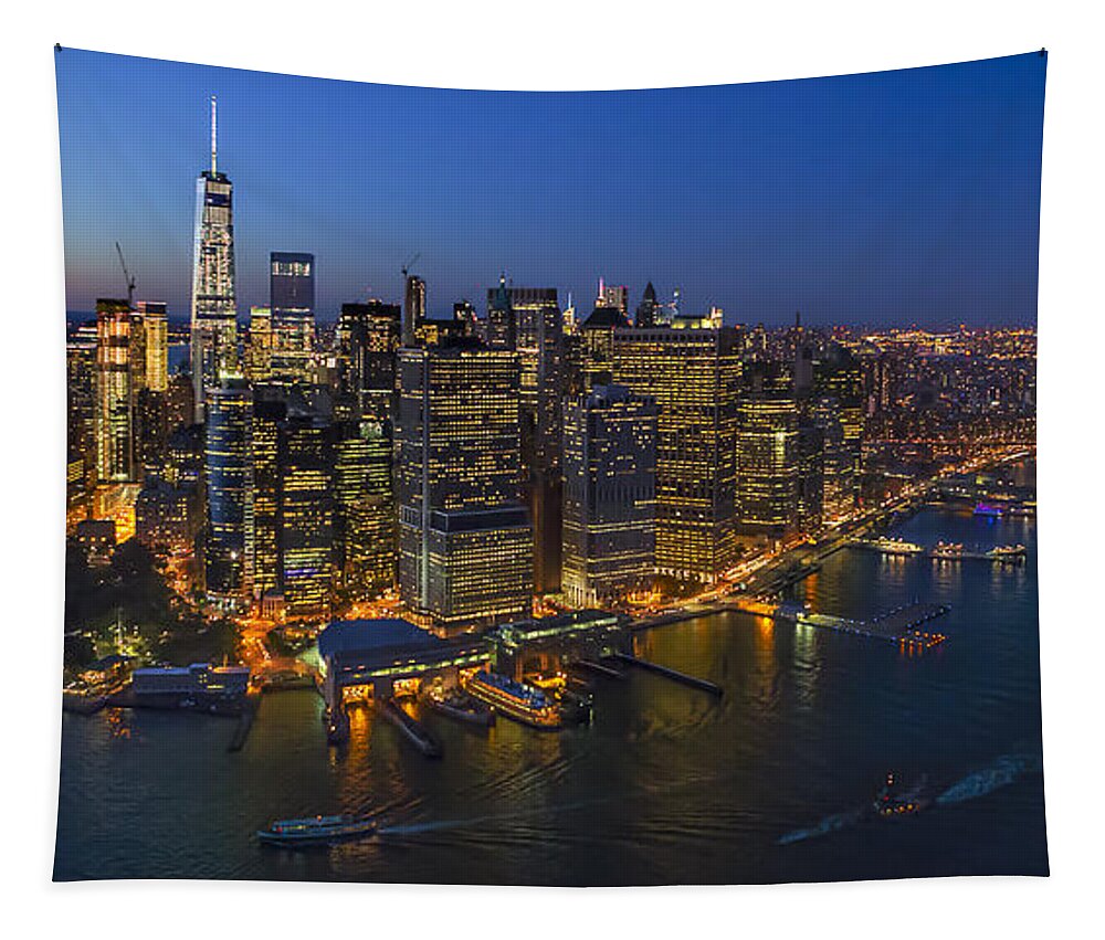 Aerial View Tapestry featuring the photograph Illuminated Lower Manhattan NYC by Susan Candelario