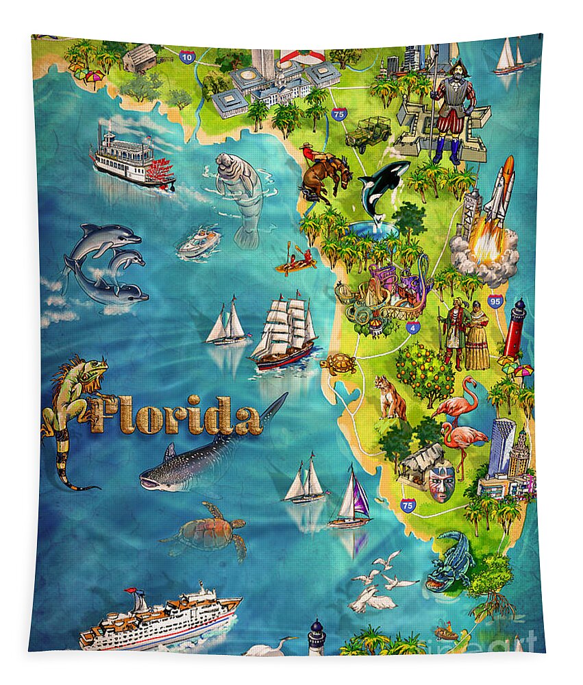 Castillo De San Marcos National Monument Tapestry featuring the painting Illustrated Map of Florida by Maria Rabinky
