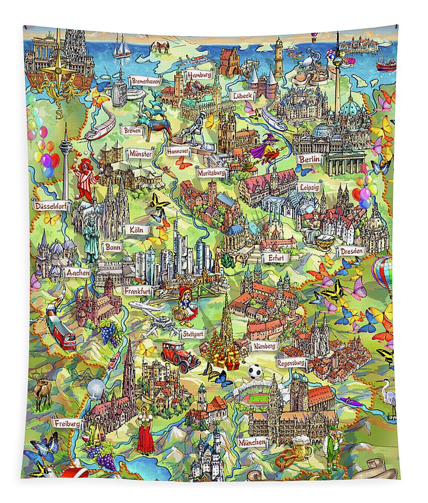Germany Map Tapestry featuring the painting Illustrated Map of Germany by Maria Rabinky