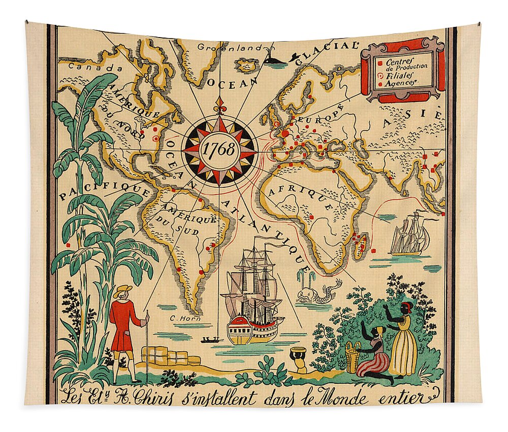 Illustrated Map Of The World Tapestry featuring the drawing Illustrated Map of the World, 1768 - Pictorial Map - Historic Map - Old Atlas by Studio Grafiikka
