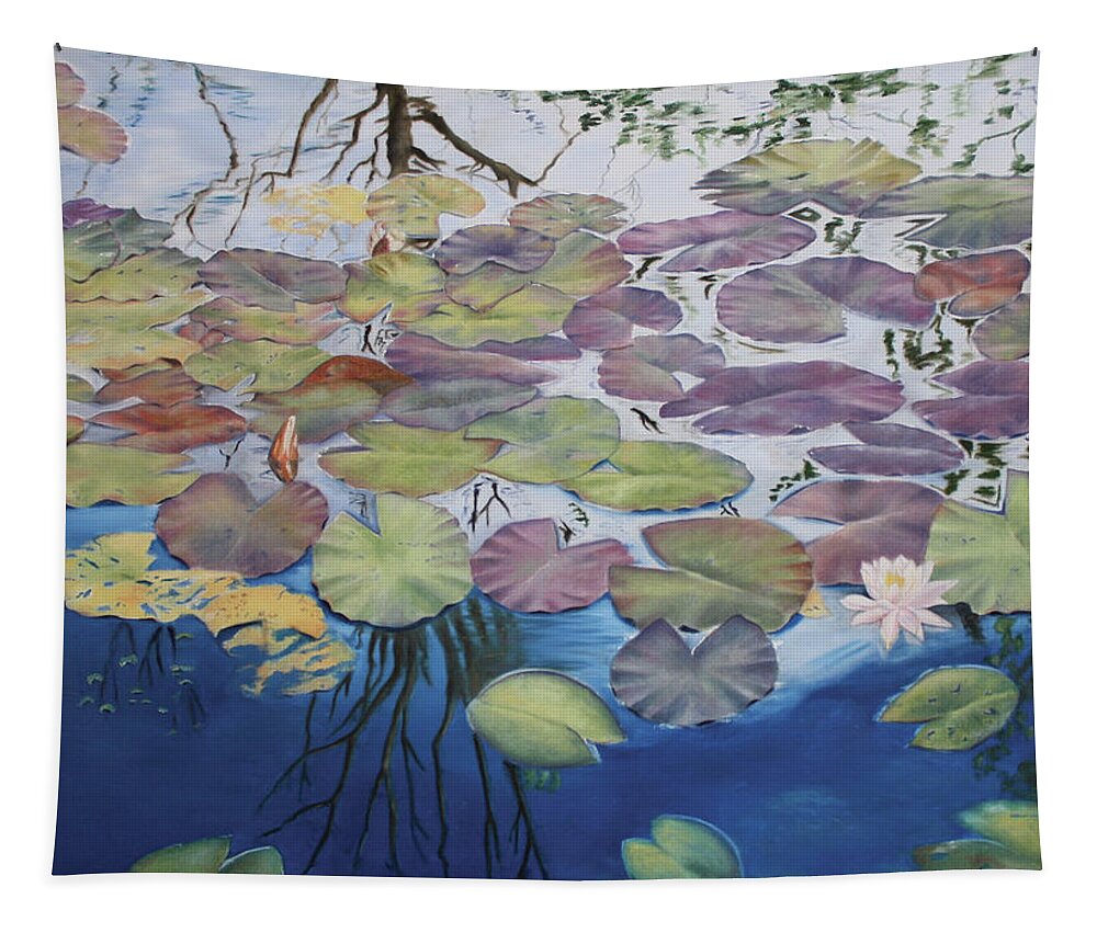 Waterlily Pond; Waterlily; Waterlily Blossom; Water; Serenity; Contemplation Tapestry featuring the photograph Bridged's Pond by Marg Wolf