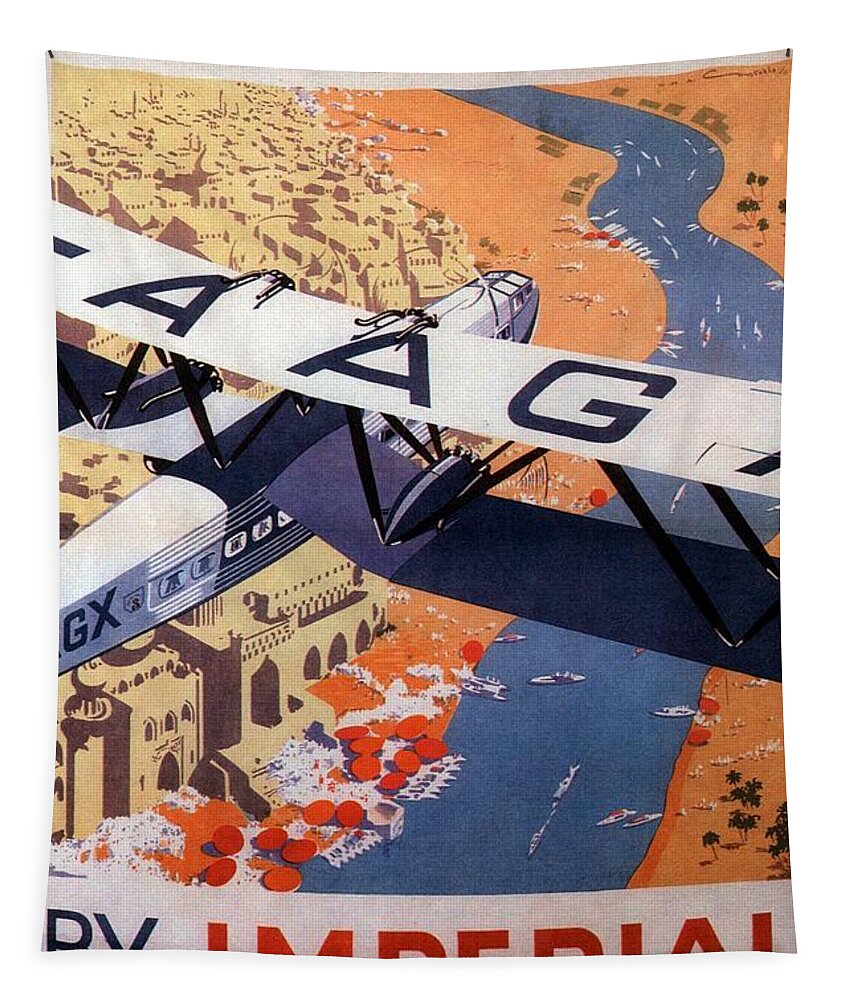 Imperial Airways Tapestry featuring the painting Imperial Airways Airplane flying over river Ganges in India - Vintage Travel Advertising Poster by Studio Grafiikka
