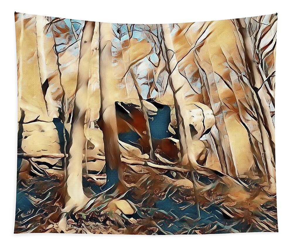 Impressionistic Tapestry featuring the mixed media Autumn Walk in the Melting Woods by Stacie Siemsen
