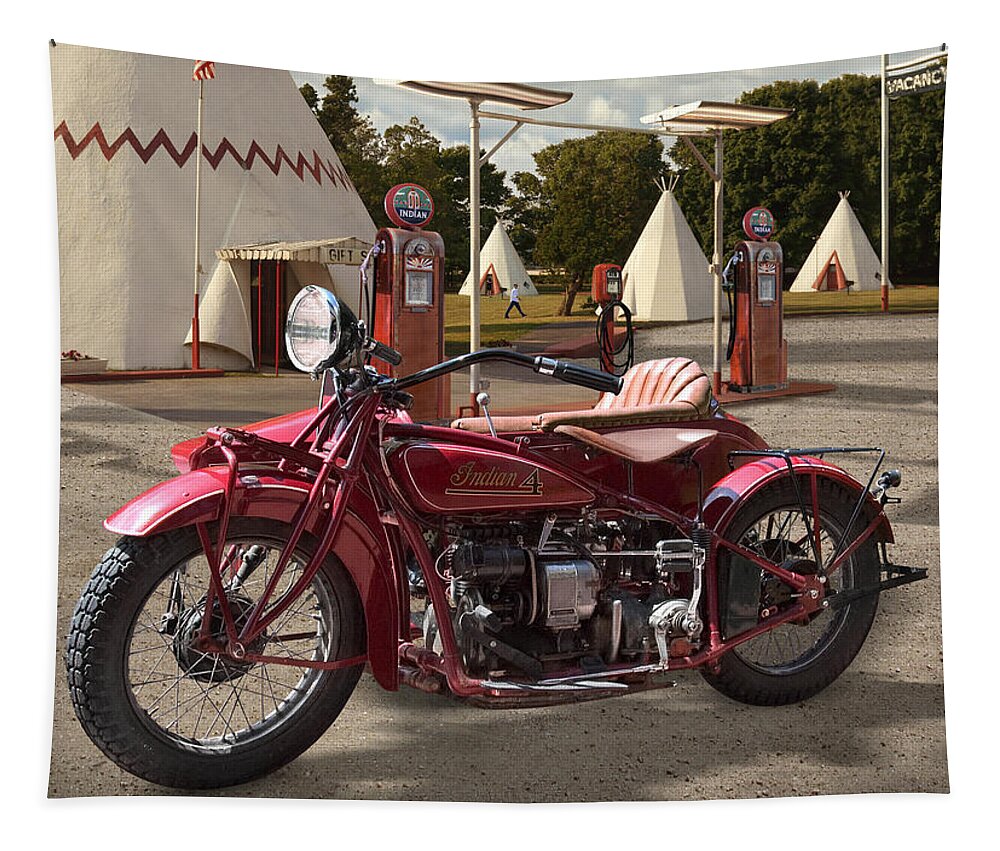 Indian Motorcycle Tapestry featuring the photograph Indian 4 Motorcycle with sidecar by Mike McGlothlen
