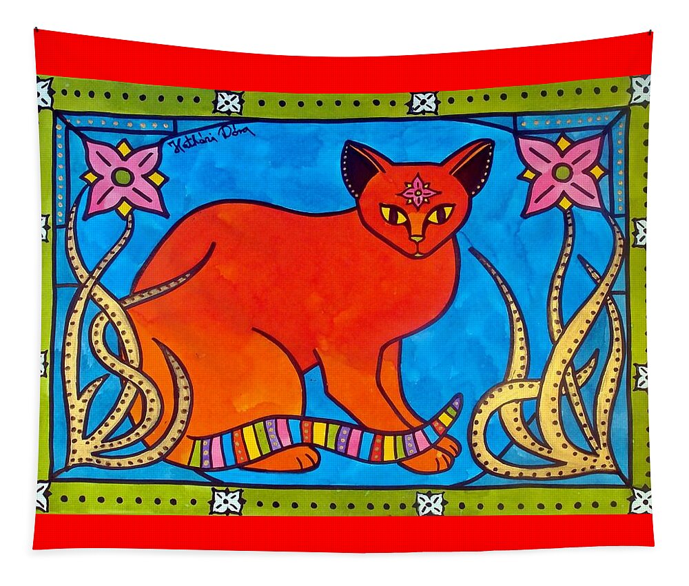 Whimsical Animals Tapestry featuring the painting Indian cat with Lilies by Dora Hathazi Mendes