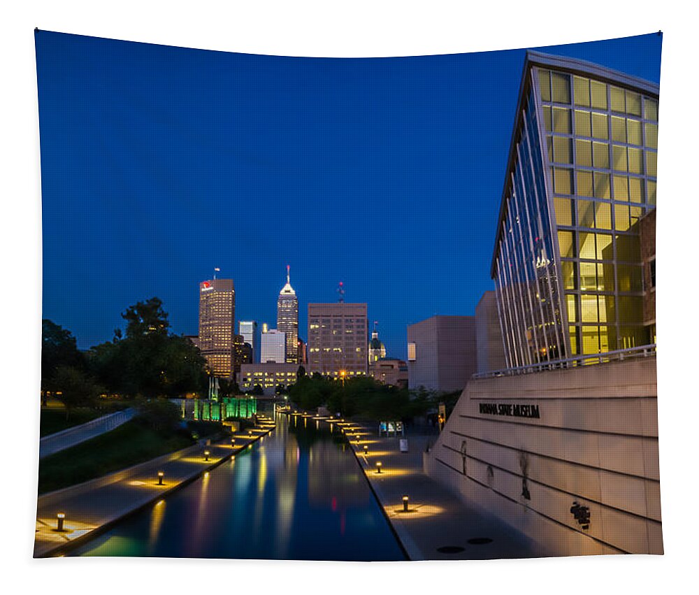 Art Tapestry featuring the photograph Indianapolis Skyline from the Canal at Night by Ron Pate