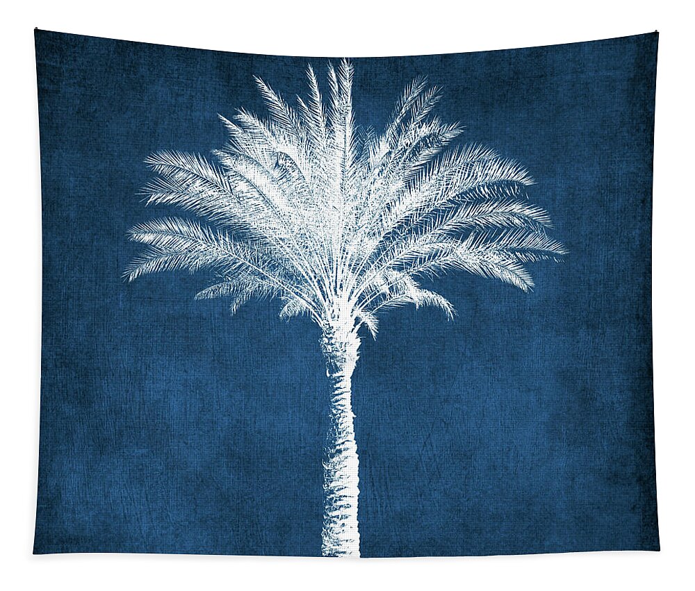 Palm Tree Paradise Beach Tropical Coastal Blue Indigo White Vacation Resort Home Decorairbnb Decorliving Room Artbedroom Artcorporate Artset Designgallery Wallart By Linda Woodsart For Interior Designersgreeting Cardpillowtotehospitality Arthotel Artart Licensing Tapestry featuring the mixed media Indigo and White Palm Tree- Art by Linda Woods by Linda Woods