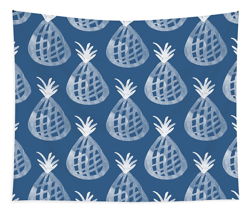 Indigo Tapestry featuring the mixed media Indigo Pineapple Party by Linda Woods