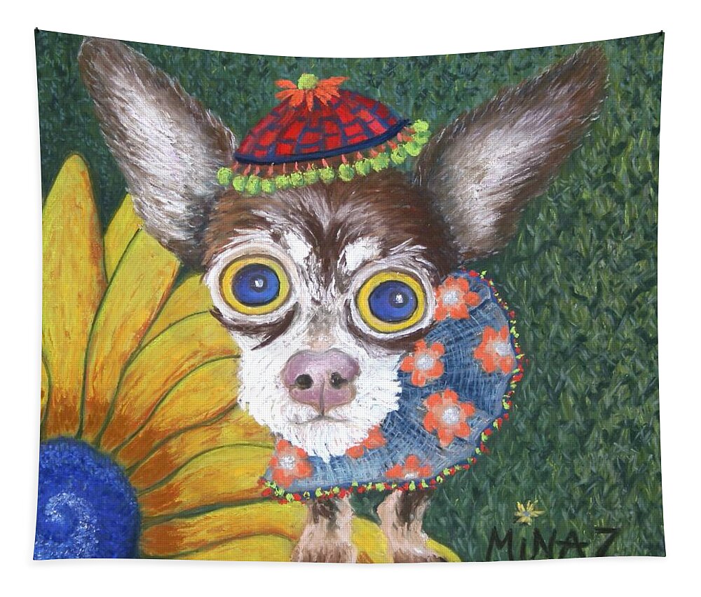 Chihauhau Tapestry featuring the painting Inside Van Gogh Gardens Sits Sunflower Sally by Minaz Jantz