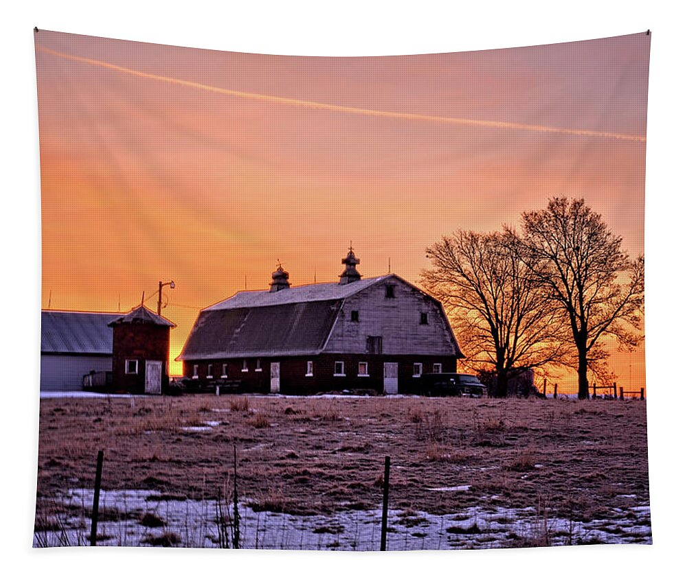 Barn Tapestry featuring the photograph Iowa Winter Sunrise 2 by Bonfire Photography