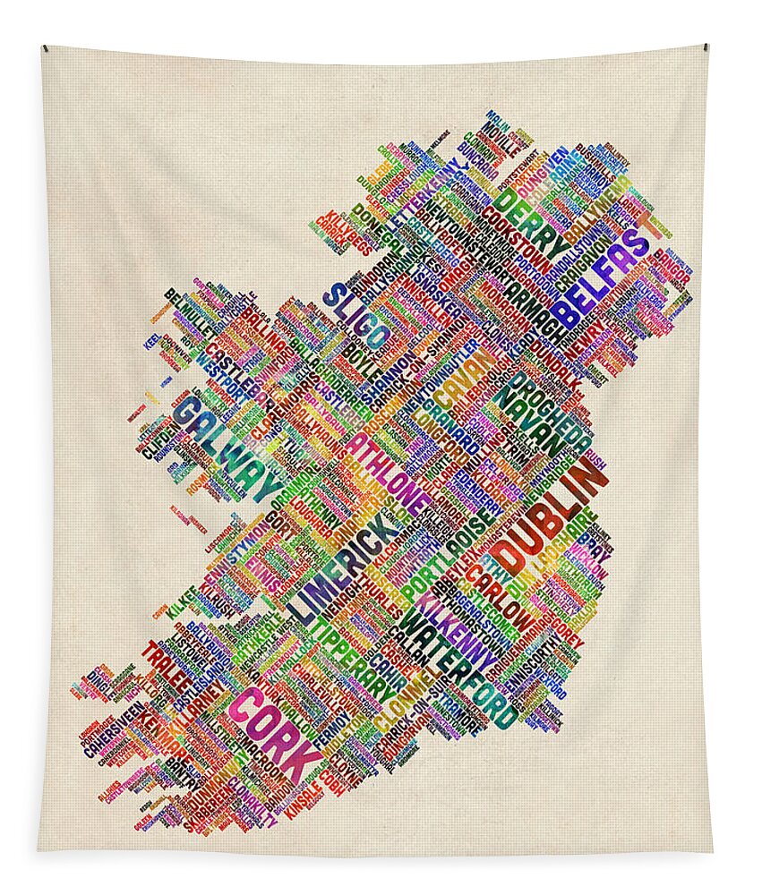 Ireland Map Tapestry featuring the digital art Ireland Eire City Text Map Derry Version by Michael Tompsett