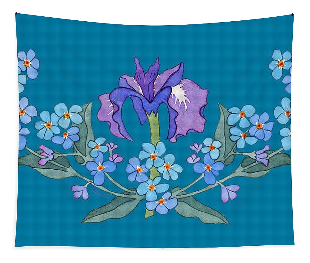 Iris And Forget Me Not Curved Garland Tapestry featuring the painting Iris and Forget Me Not Curved Garland by Teresa Ascone