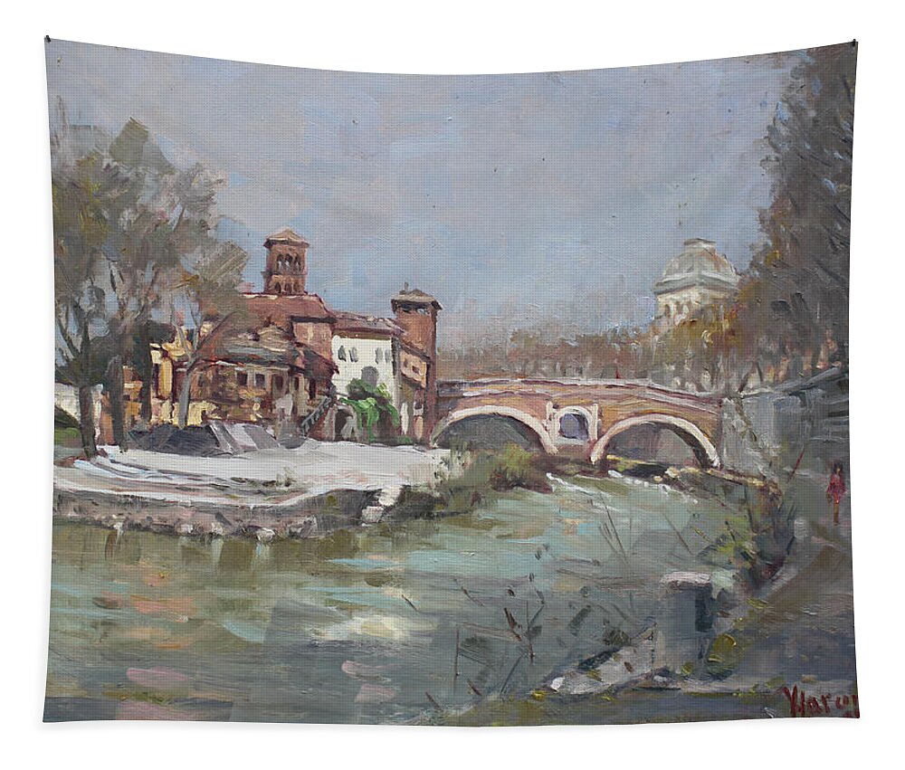 Isola Tiberina Tapestry featuring the painting Isola Tiberina - Rome by Ylli Haruni
