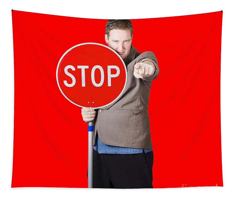 Stop Tapestry featuring the photograph Isolated man holding red traffic stop sign by Jorgo Photography