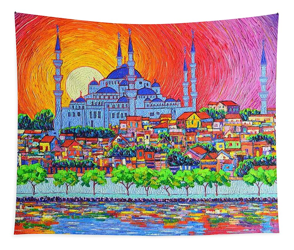 Istanbul Tapestry featuring the painting Istanbul Blue Mosque Sunset Modern Impressionist Palette Knife Oil Painting By Ana Maria Edulescu  by Ana Maria Edulescu