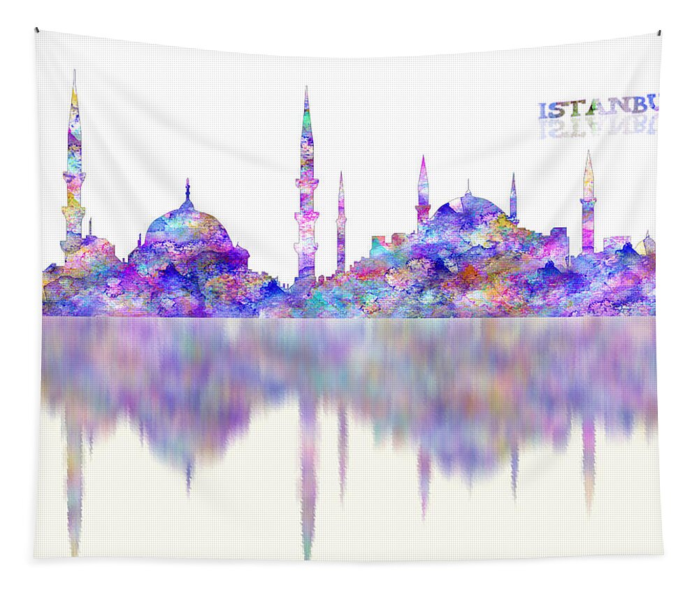 Istanbul Skyline Tapestry featuring the painting ISTANBULTurkey watercolor reflections by Georgeta Blanaru