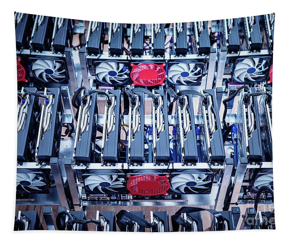 Machine Tapestry featuring the photograph IT hardware. Cryptocurrency business equipment. by Michal Bednarek