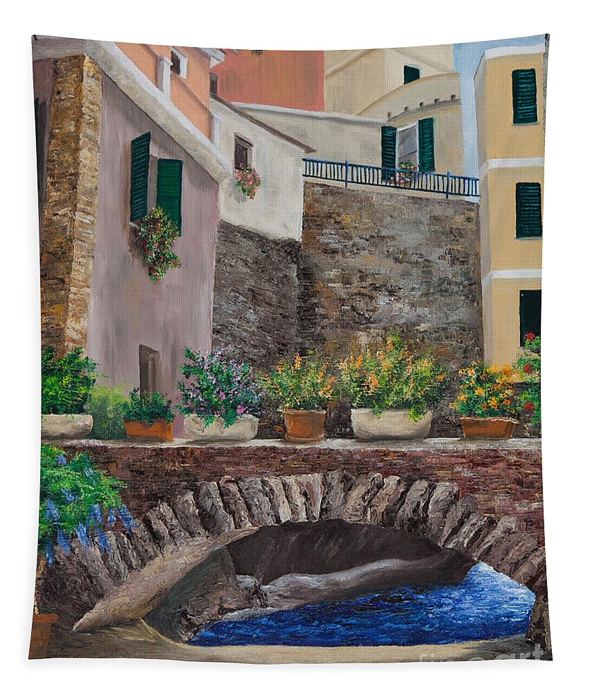 Italy Art Tapestry featuring the painting Italian Arched Bridge With Flower Pots by Charlotte Blanchard