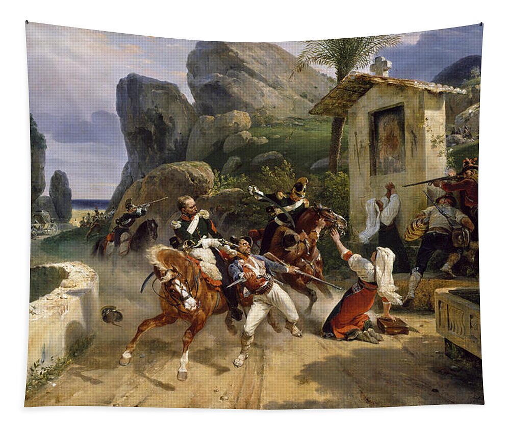Horace Vernet Tapestry featuring the painting Italian Brigands Surprised by Papal Troops by Horace Vernet