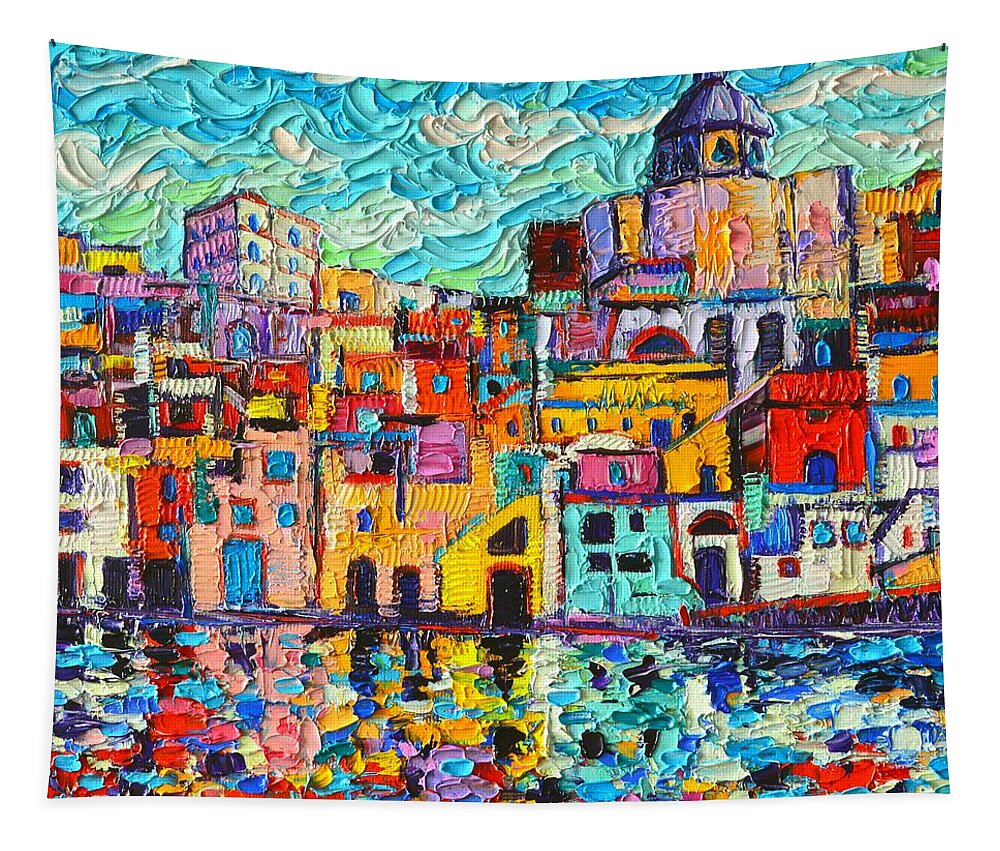 Procida Tapestry featuring the painting Italy Procida Island Marina Corricella Naples Bay Palette Knife Oil Painting By Ana Maria Edulescu by Ana Maria Edulescu
