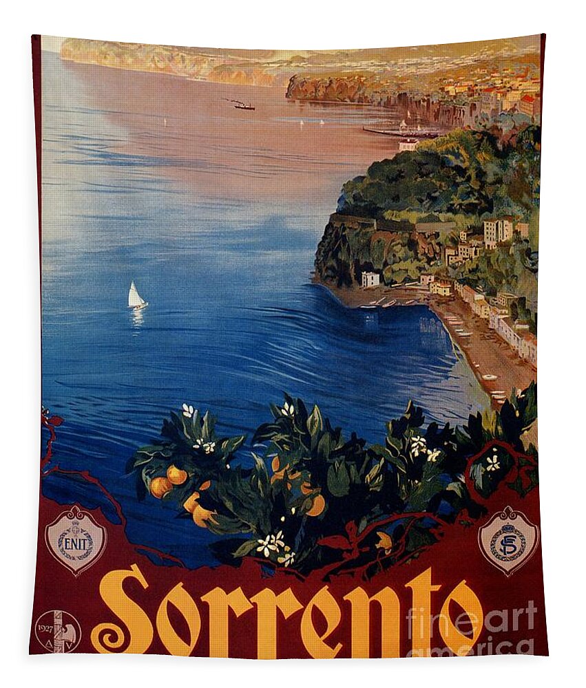 Vintage Tapestry featuring the digital art Italy Sorrento Bay of Naples vintage Italian travel advert by Heidi De Leeuw