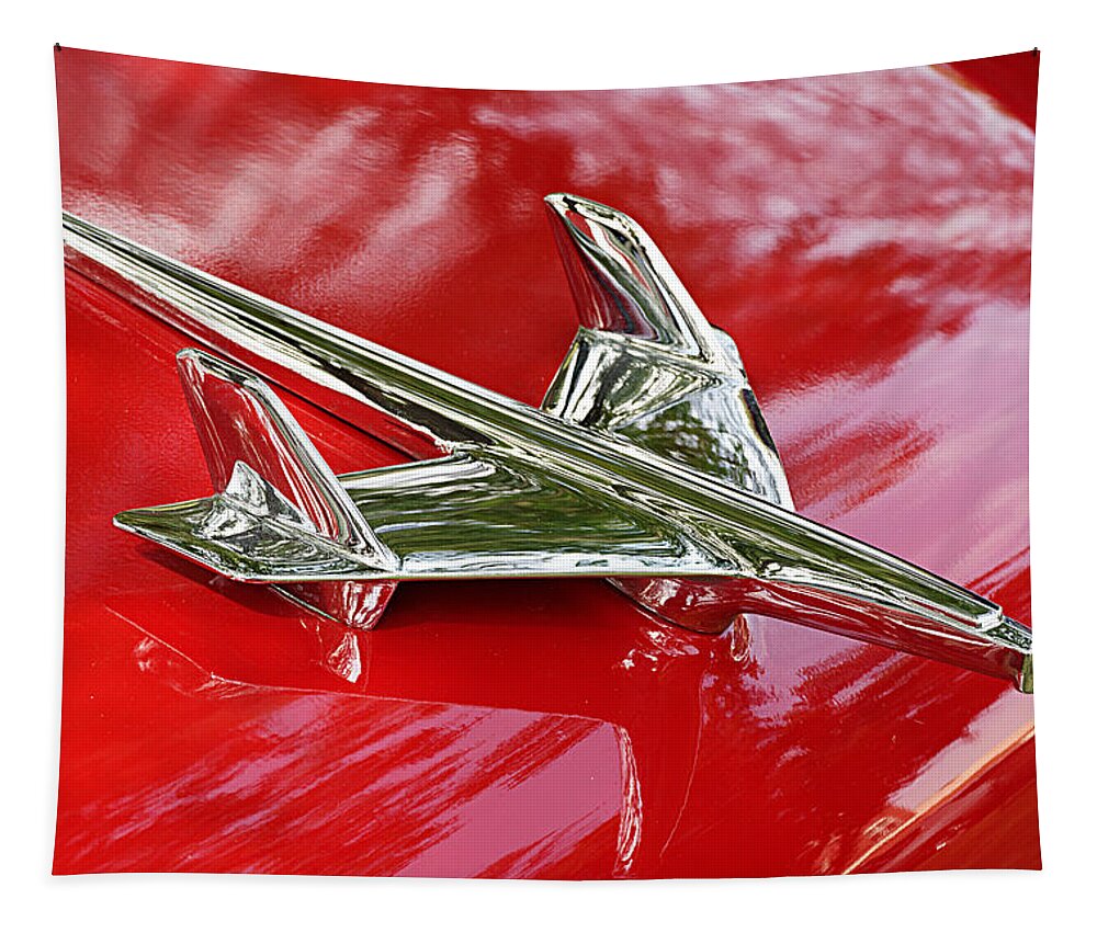 It's A Bird! It's A Plane! Tapestry featuring the photograph It's a Bird It's a Plane -- 1955 Chevy Bel Air Hood Ornament at Paso Robles Car Show, California by Darin Volpe