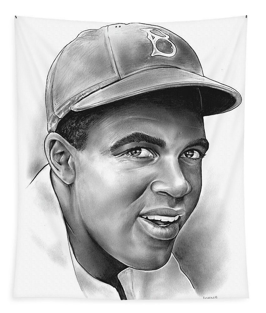 Jackie Robinson Tapestry featuring the drawing Jackie Robinson by Greg Joens