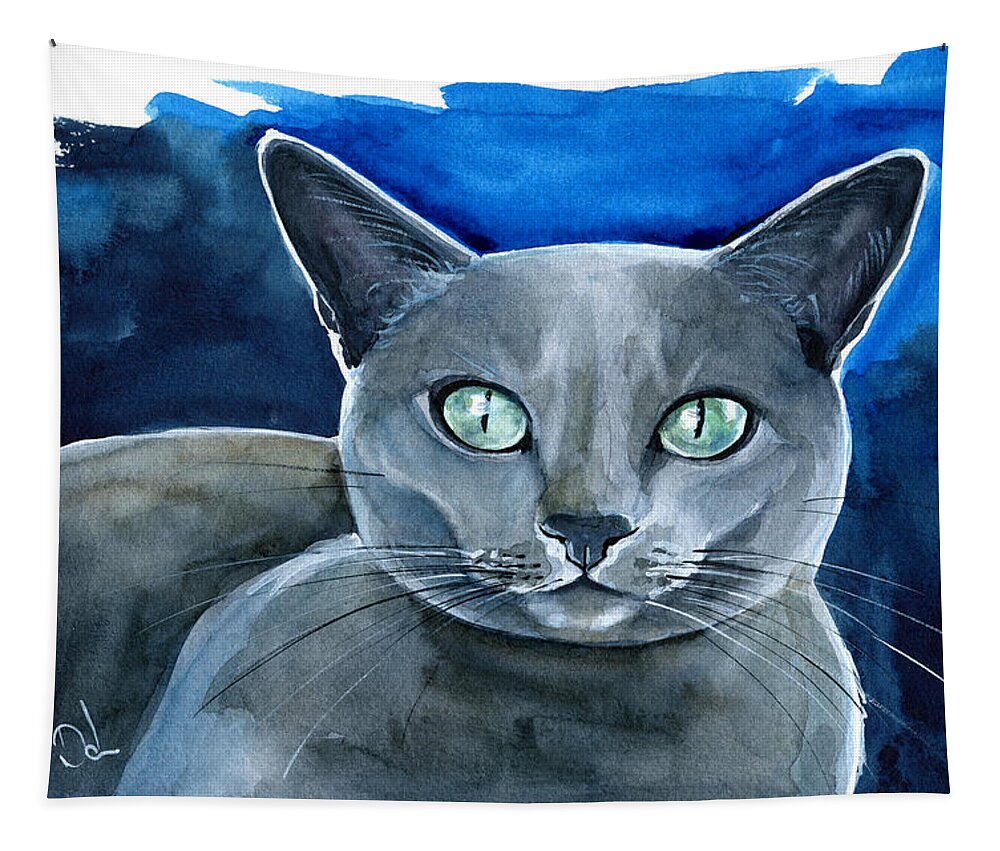 Russian Blue Tapestry featuring the painting Jackpot - Russian Blue Cat Painting by Dora Hathazi Mendes