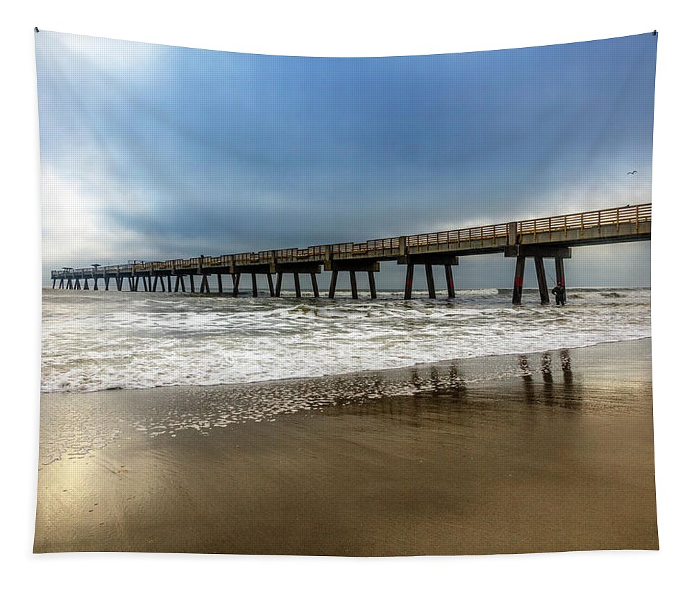 Clouds Tapestry featuring the photograph Jacksonville Pier in the Fog at Dawn by Debra and Dave Vanderlaan